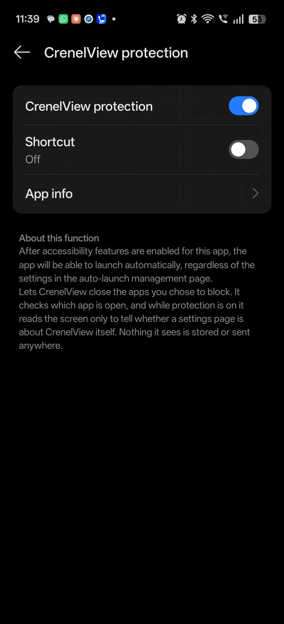 Android accessibility settings screen for CrenelView protection, with the CrenelView protection toggle switched on