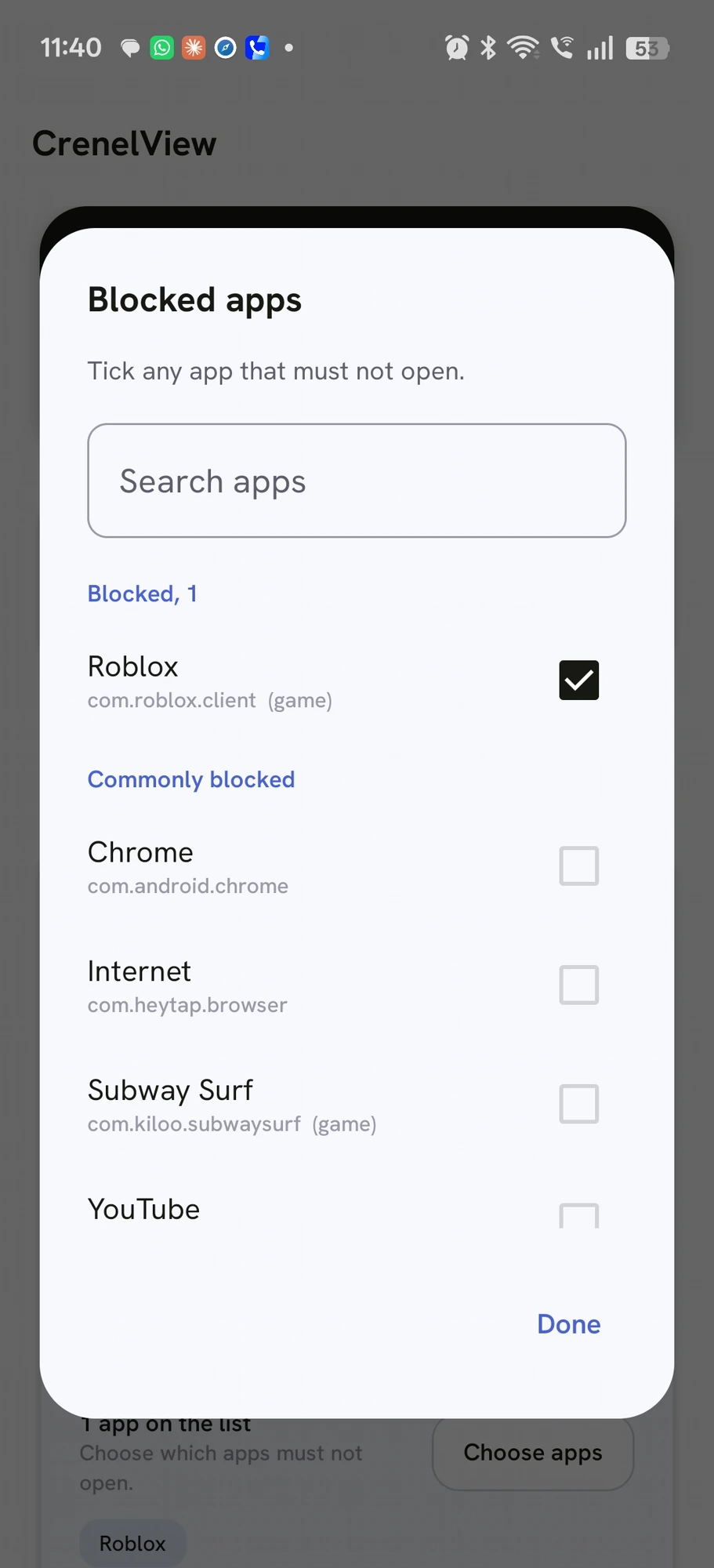 CrenelView Blocked apps screen listing installed apps with checkboxes, Roblox ticked