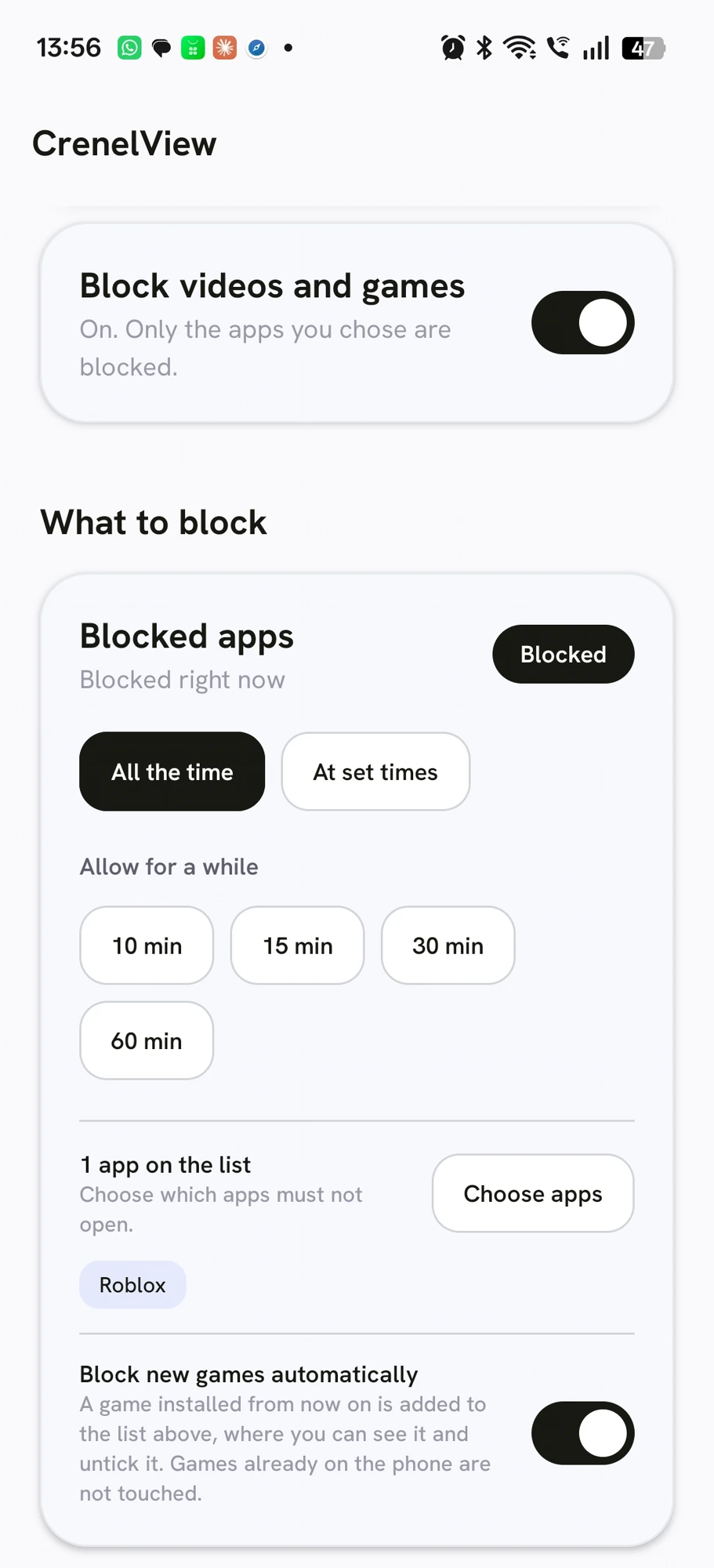 CrenelView Blocked apps screen with Allow for a while buttons for 10, 15, 30 and 60 minutes