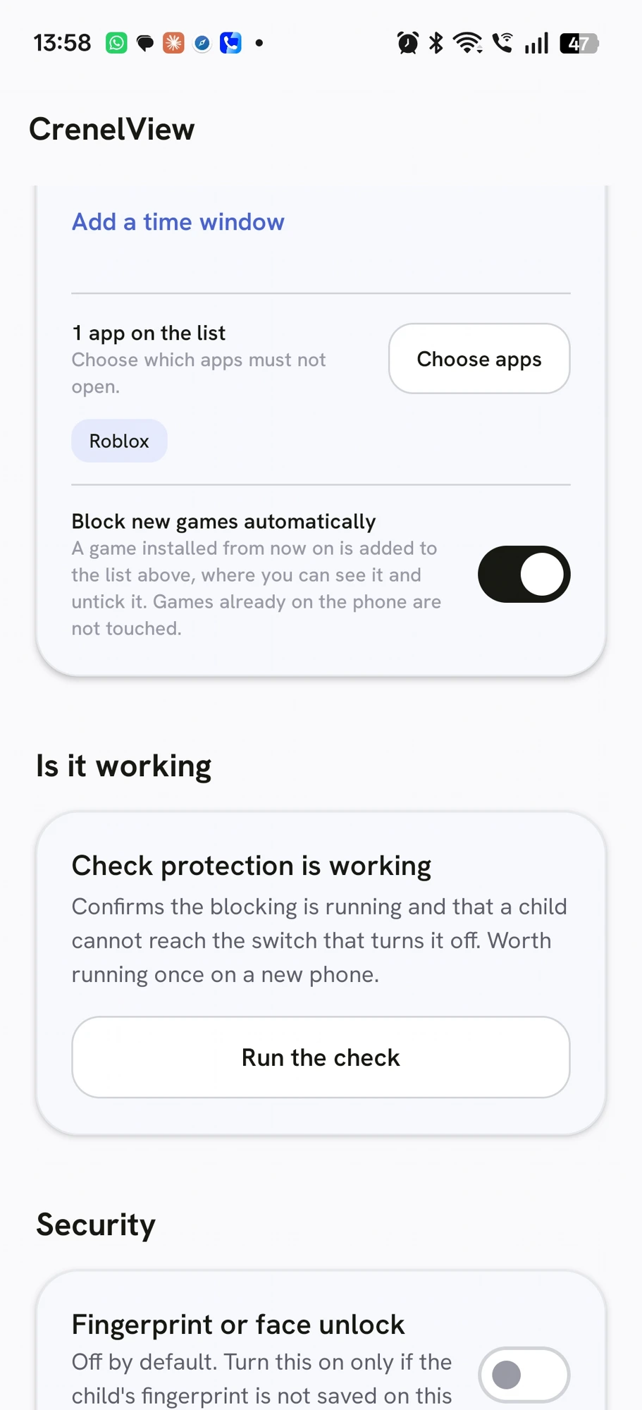 CrenelView Block new games automatically toggle switched on, with the Is it working section below it