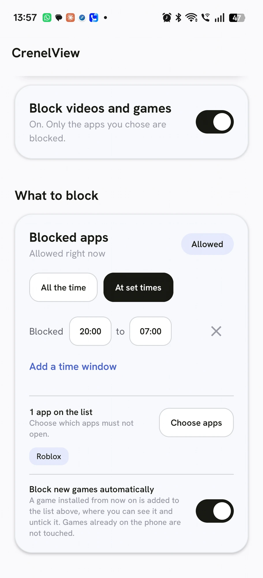 CrenelView What to block screen with At set times selected and blocked hours 20:00 to 07:00