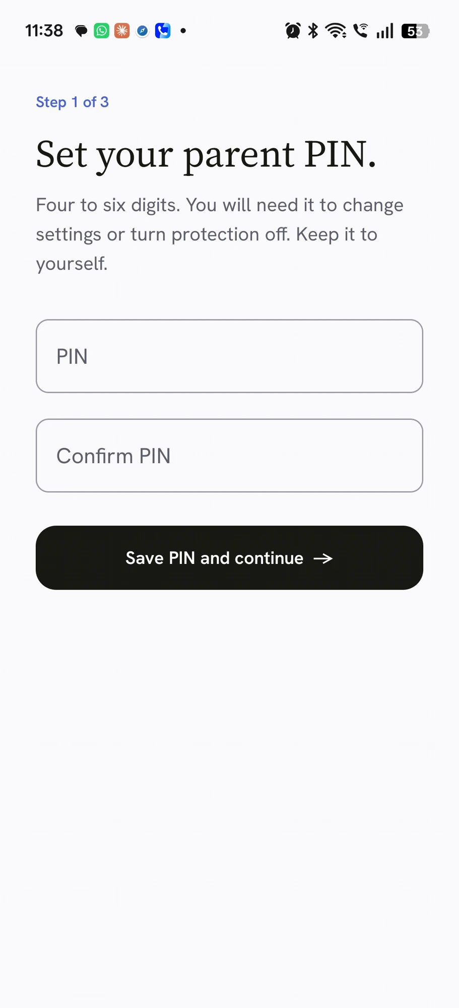 CrenelView Set your parent PIN screen with PIN and Confirm PIN fields